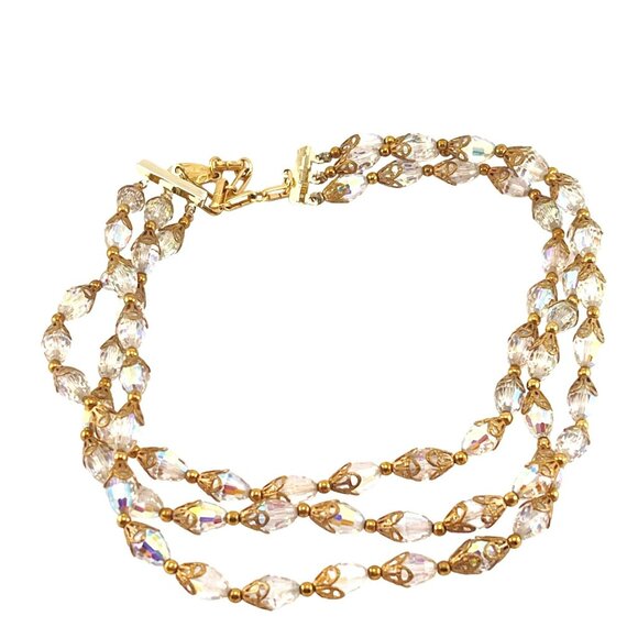 Aurora Borealis Three Strand Vintage Faceted Crystal Necklace Mid Century Vintag - Picture 4 of 6